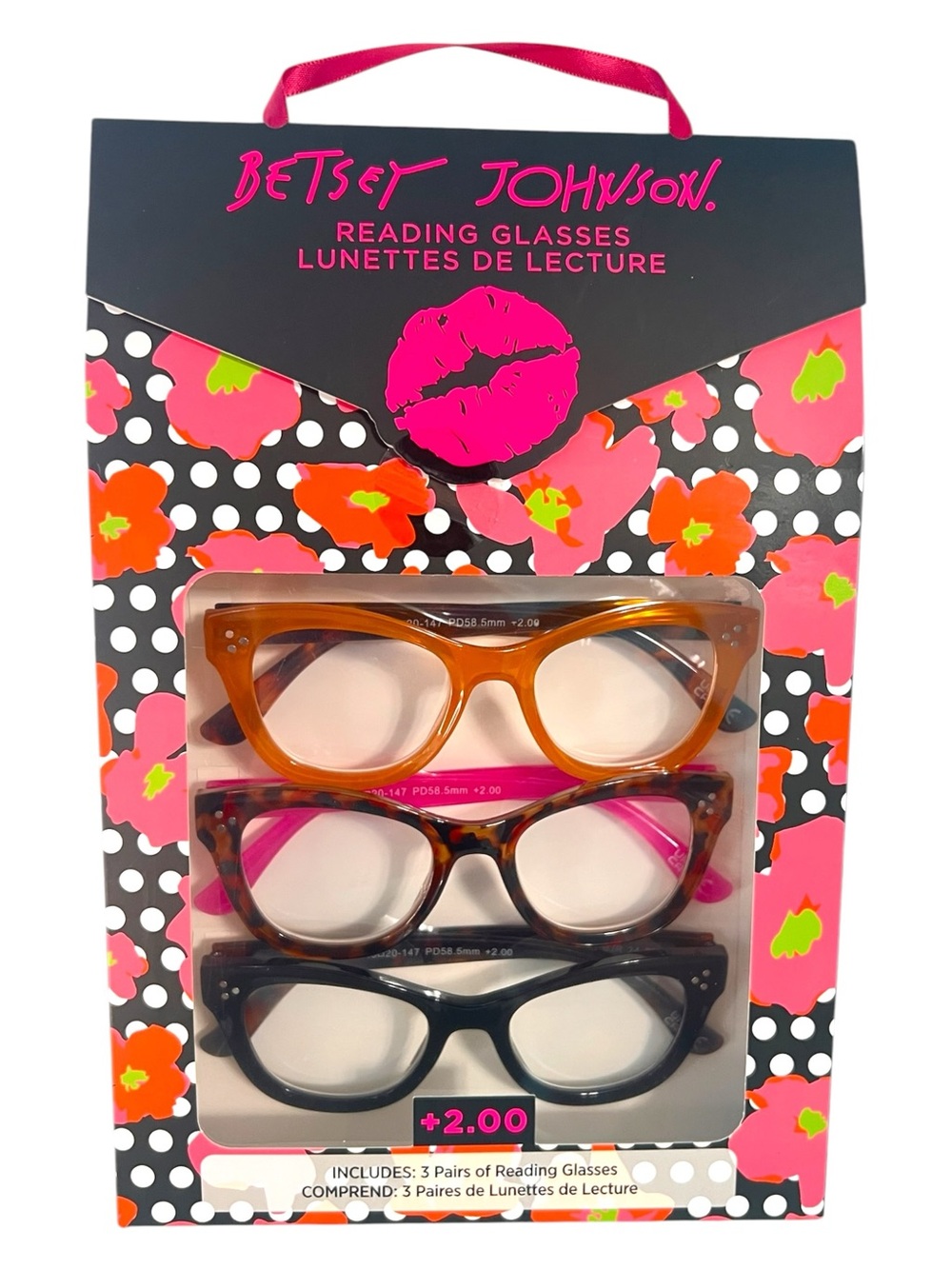 Betsey Johnson 3 Pack Reading Glasses Set +2.00 Strength Orange Brown Black